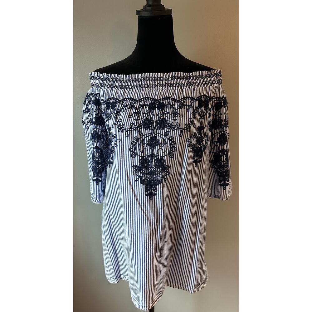 Studio West Apparel Shoulder Off Blouse Blue  Stripe Floral Embroidered Medium M